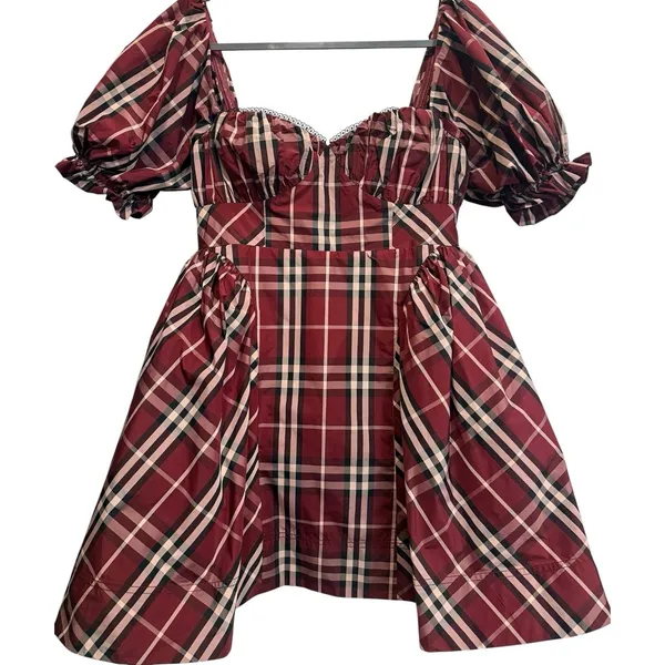 Anthropologie Maeve Tartan Plaid Puff Sleeve Basque Drop Waist Mini Dress Small‎ - Image 5