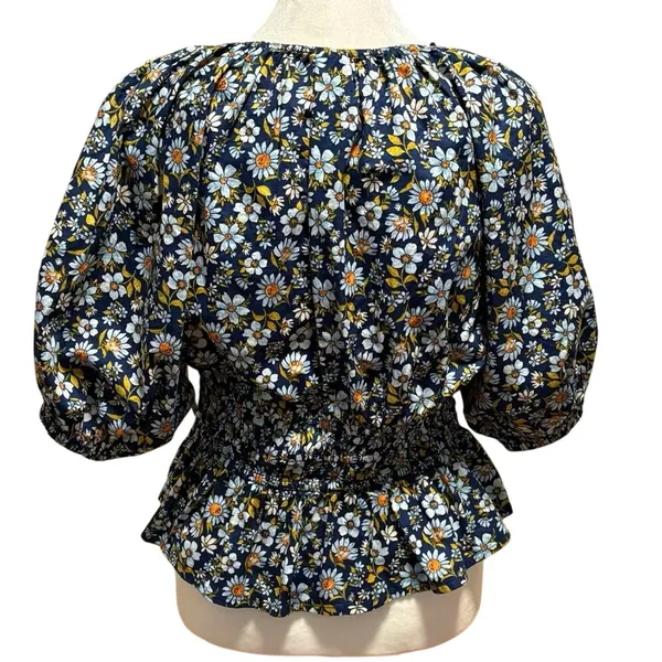 NEW Old Navy Size S Smocked Puffed Sleeve Blouse Top Blue Floral V Neck - Image 2