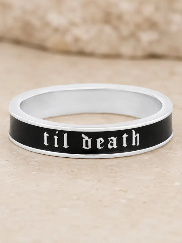 TIL DEATH Silver Black Band Ring Size 7 Stackable Promise Wedding Ring NWT - Image 3