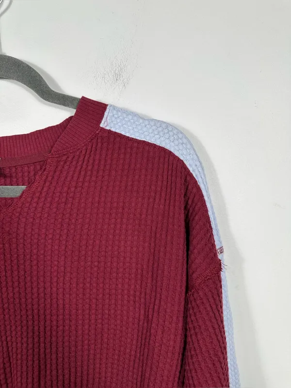 Offline by Aerie Waffle Knit Top XS Red‎ V-Neck Long Sleeve Colorblock Oversized - Image 6