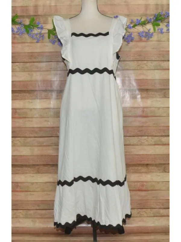ZESICA Dress White Black Rickrack Trim Ruffle Sleeve Square Neck Sleeveless XL - Image 2
