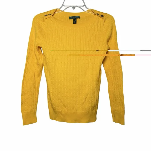 Lauren Ralph Lauren Petite P/P Yellow Cable Knit Cotton Sweater Gold Buttons - Image 2