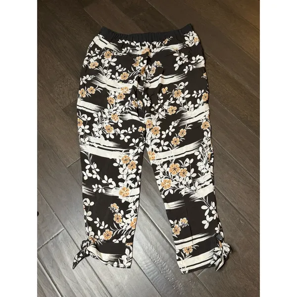 Anthropologie Elevenses Women Pants Size L‎ Black Floral Joggers Tie Hem Pockets - Image 3
