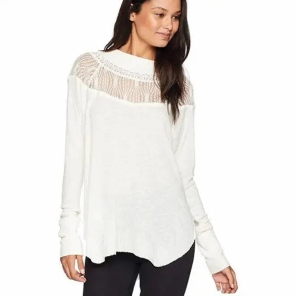 Free People Spring Valley‎ Lace Detail Waffle Knit Henley Size Small - Image 7
