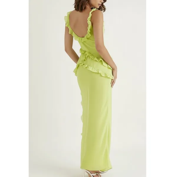 HOUSE OF CB Pixie Ruffle Maxi Dress, Lime, L (Plus Cup) - Image 2