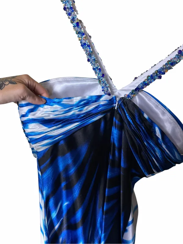 Cache Y2K Rhinestone Halter Blue Abstract Maxi Homecoming/ Prom Dress Size 10 - Image 9