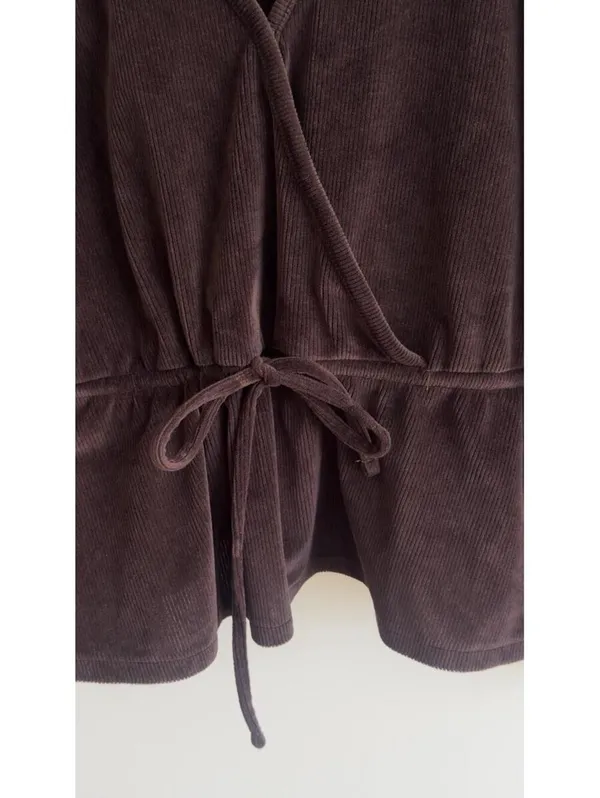 Madewell Corduroy Tie Front Faux Wrap Top Spiced Raisin Balloon Sleeve S - Image 6