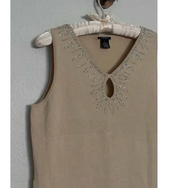 Vintage Silk Keyhole Stretch Knit Rhinestone Y2K Tank Top Beige Silver Boho Chic - Image 2