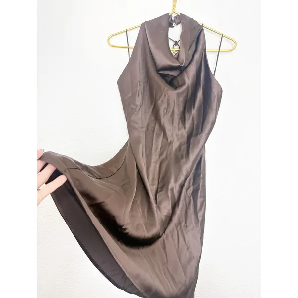NWT Zara Brown Satin Jewelry Back Mini Dress Size Small High Neck Cocktail - Image 11
