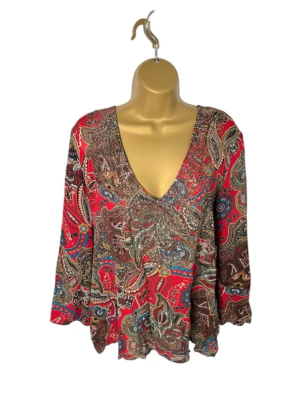 Vtg Y2K Chico’s Paisley Beaded Embellished Silk Blouse V-Neck Long Sleeve Red 1 - Image 2