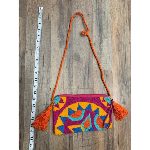 Boho Embroidered Crossbody Bag Colorful Tassel Shoulder Purse Wristlet - Image 5