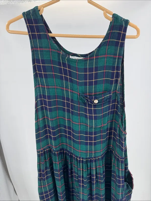 S.Roberts Green and Navy Plaid jumper Midi Dress drop pockets school girl vtg M - Image 3