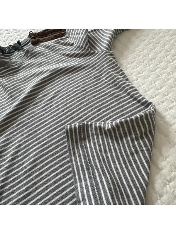 Lauren Ralph Lauren Large L Gray White Striped Long Sleeve T Shirt Brown Patches - Image 7