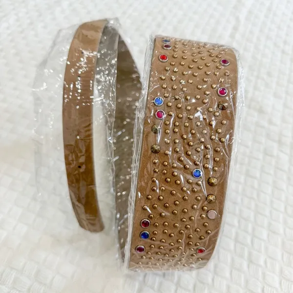 Source Unknown NEW Wide Vegan Leather Belt with Colorful and Metallic Studs Tan Khaki - Image 2