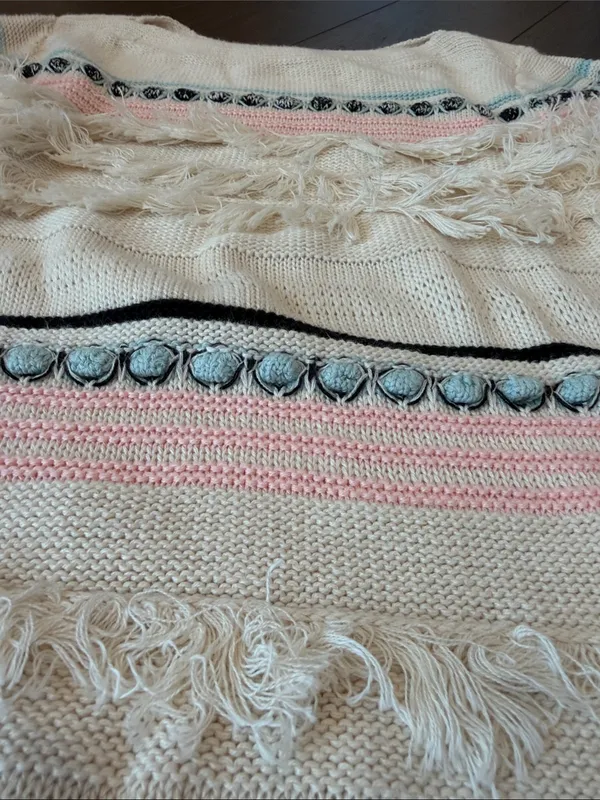 Loft Fringe Detail Cream Striped Women’s Sweater Size Small - C54-155 - Image 3