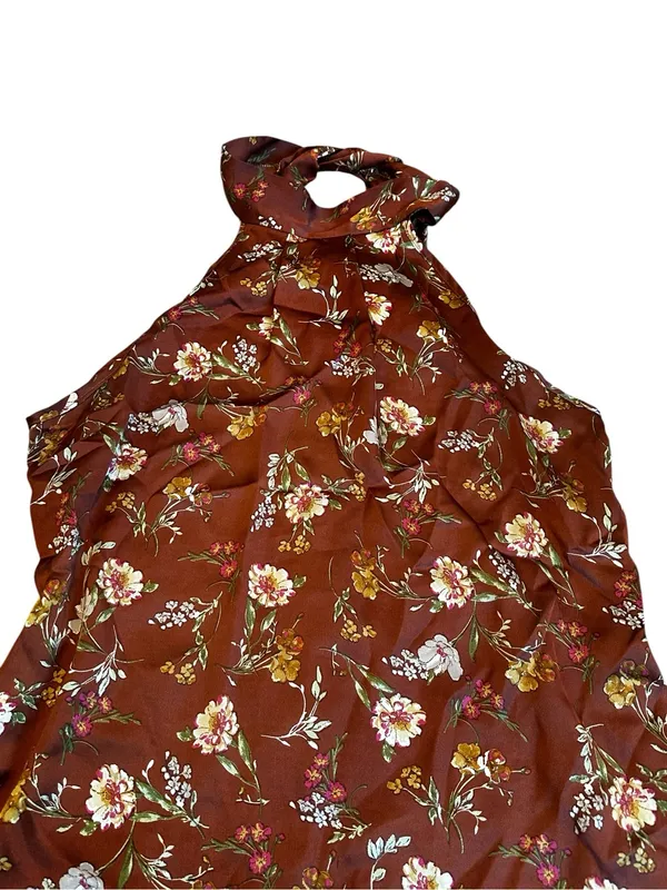 Vintage Brown Satin Floral Halter Neck Sleeveless Blouse Size Medium Coquette - Image 3