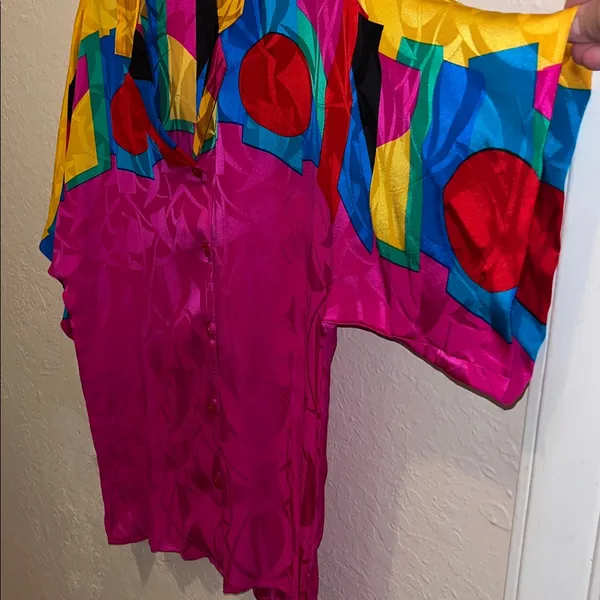 Vintage Adrianna Papell Bright Short Sleeve Silk Blouse Vibrant Blouse Retro - Image 8