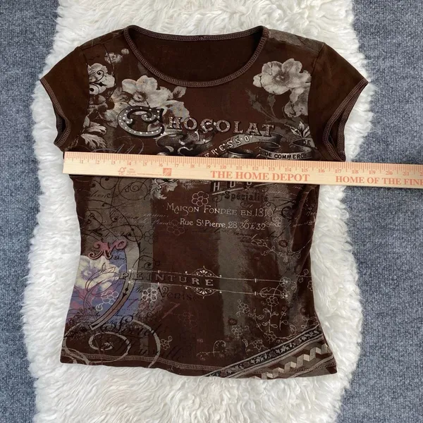 Y2k Brown Baby Tee Chocolate Espresso Coffee Floral Short Sleeve Rhinestone - Image 6