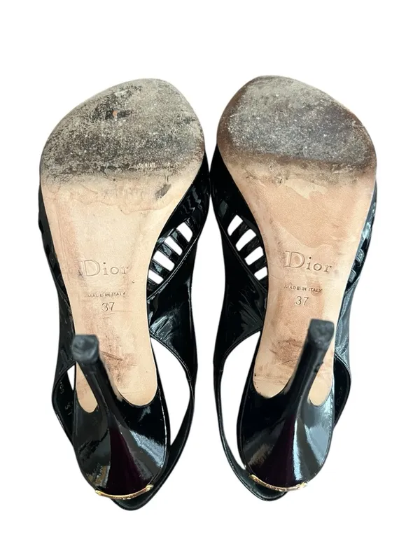 Christian Dior Women’s Whisper Black Patent Leather Peep Toe Sandals Heels 37 - Image 10