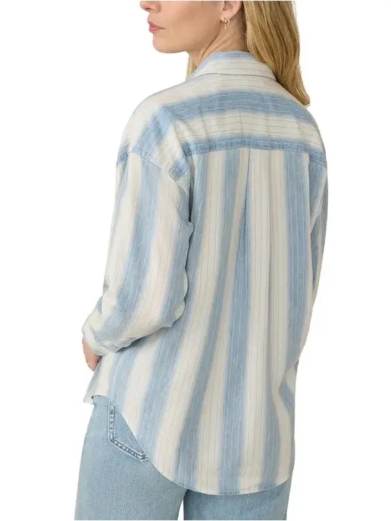 FAHERTY Relaxed Striped Shirt Button Down Blouse Blue Linen Blend Womens Size M - Image 2