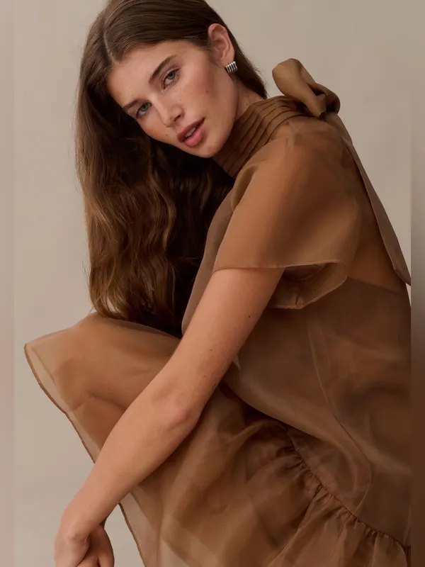 NWT Few Moda Joni Mini Dress Size Large L Brown Sugar organza tie back o.p.t - Image 2