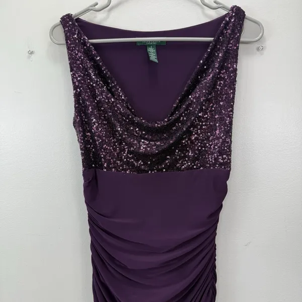 Ralph Lauren Purple Sequin Cowl Ruched Sleeveless Stretch Maxi Gown Dress Size 4 - Image 3