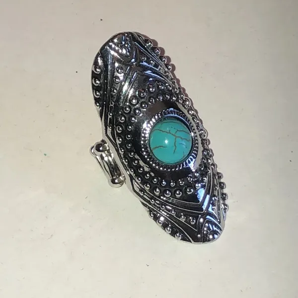 Turquoise Stone Silver Tone Boho Statement Ring Blue - Image 5