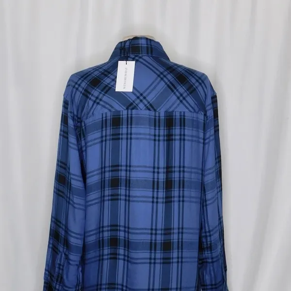 NWT!! WEWOREWHAT Boyfriend Shirt Plaid Navy Blue Collared Oversized Small Medium - Image 8