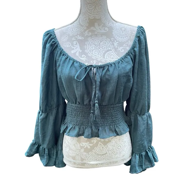Cottagecore Forest Fairy Peasant Milkmaid Blouse Boho Ren Faire Boho Green L - Image 7