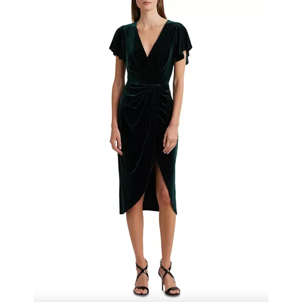 Lauren Ralph Lauren Velvet Flutter Sleeve Cocktail Midi Dress Green US 16 NWT - Image 6