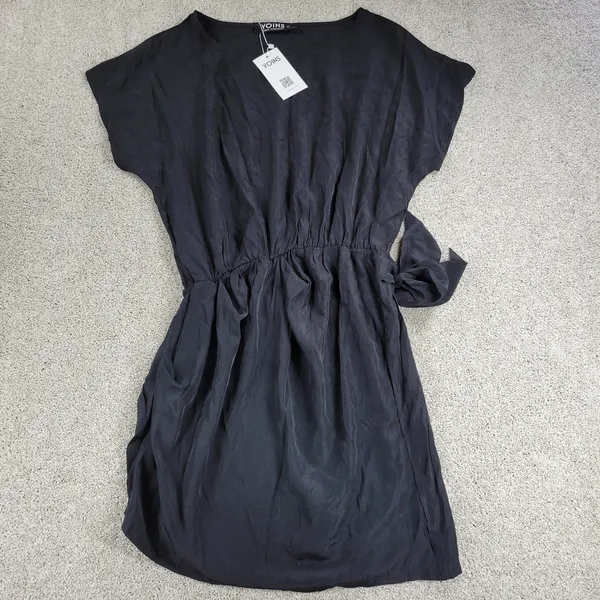 Yoins Womens Wrap Dress Large Black Tie Crewneck Short Sleeve Ruched Mini NEW - Image 7