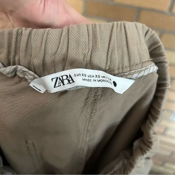 ZARA 100% Linen High Rise Khaki Tan Drawstring Slim Leg Pants Women’s Size XS - Image 3