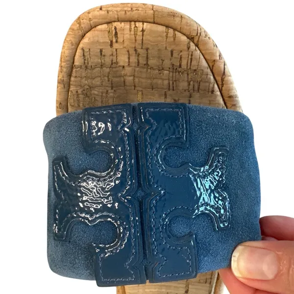 Tory Burch Blue‎ Suede Cork Slide Sandals Double T Logo Patent Sz 7.5 - Image 10