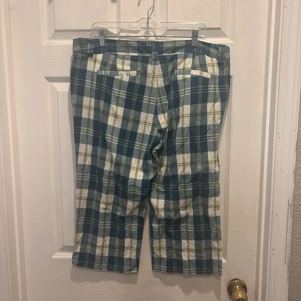 J.Crew Favorite‎ Fit Plaid Cropped Pants Womens 14 Blue Yellow Cotton Coastal - Image 3