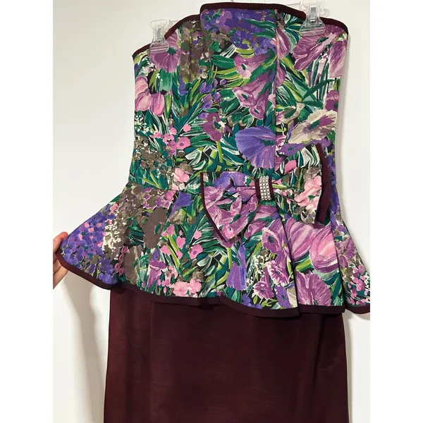 Vintage 80s PROM Jessica Howard Peplum Dress Floral Strapless Rhinestone Bow 8 - Image 3