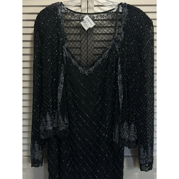 Stenay Black Silk Full Bead Gown & Jacket Sz 14 Adj Straps Lined Sparkle Formal - Image 2