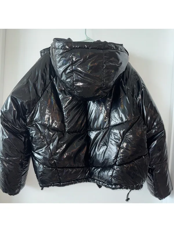 Azalea Wang Black Metallic Bomber Puffer Winter Coat Medium Jacket Shiny LIKEnew - Image 6