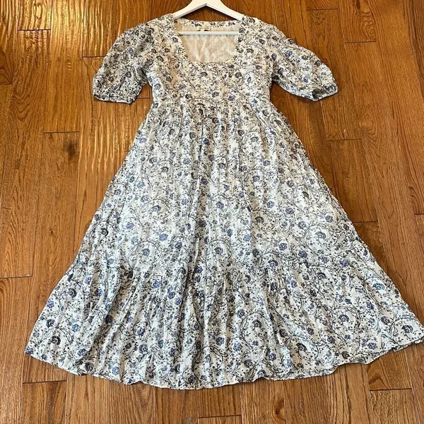 Garrie B blue floral square neck puff sleeve midi dress size M - Image 10