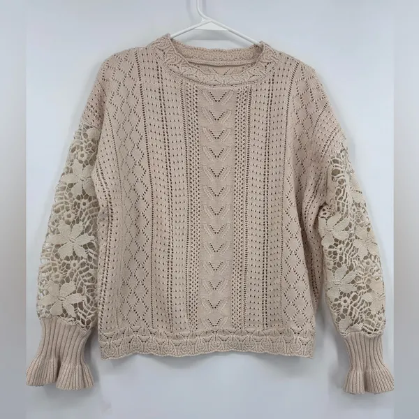 Elegant tan boho lace crochet sweater - Image 2