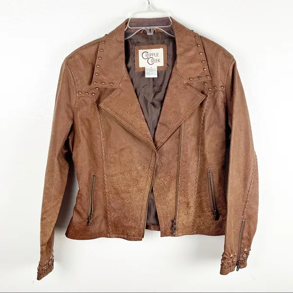 CRIPPLE CREEK Brown 100% Genuine Leather Studded Zip Pockets Jacket Size Medium - Image 7