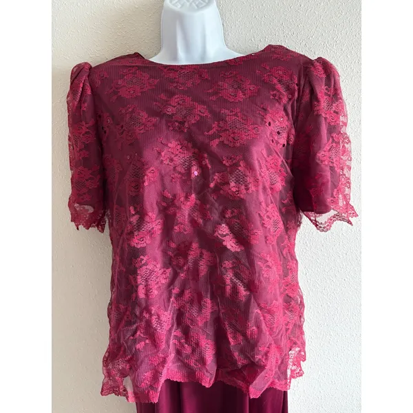 Praise‎ Hymn 90s Vintage 2pc Dress Set M Burgundy Lace Sequin Formal Choir Gown - Image 4
