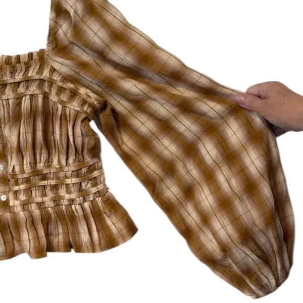 Bohme Brown Beige Plaid Smocked Blouse Size Large NWOT - Image 8
