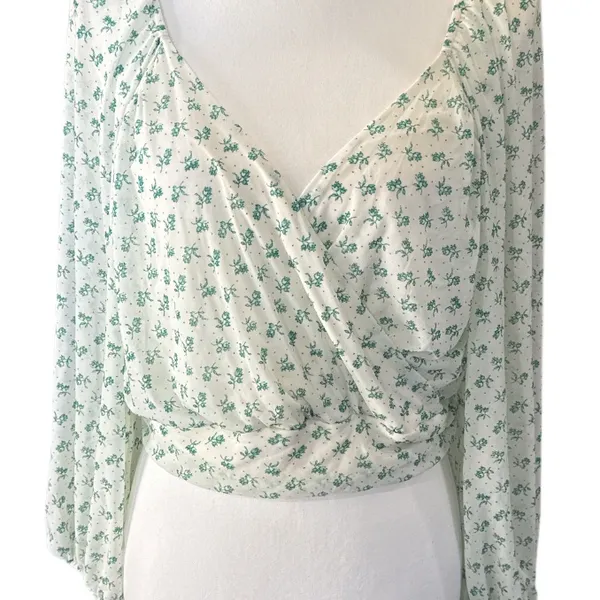 Free People Floral Deep V-Neck Blouse - White and green - Image 3