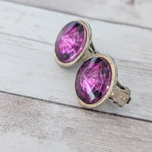 Vintage Clip On Earrings 7/8" Pink Gem with Halo Statement - Image 3