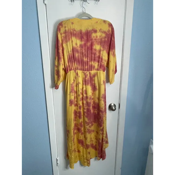 Privacy Please Faux Wrap Dress Small Yellow Tie Dye Summer Hippie Beachy - Image 6