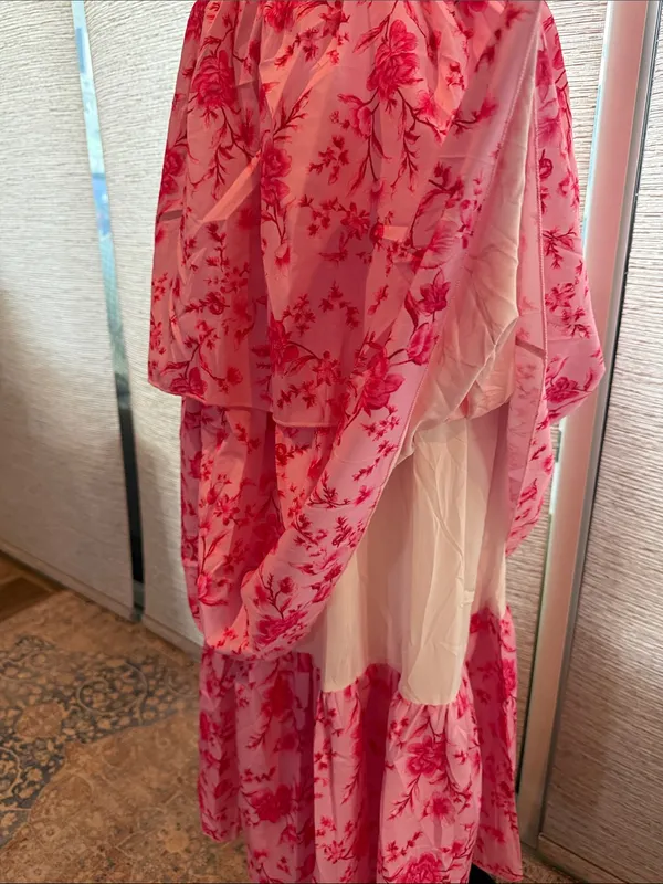 Wenrine Woman’s Tiered Summer Pink Floral Maxi Dress with Tie Straps - Image 9