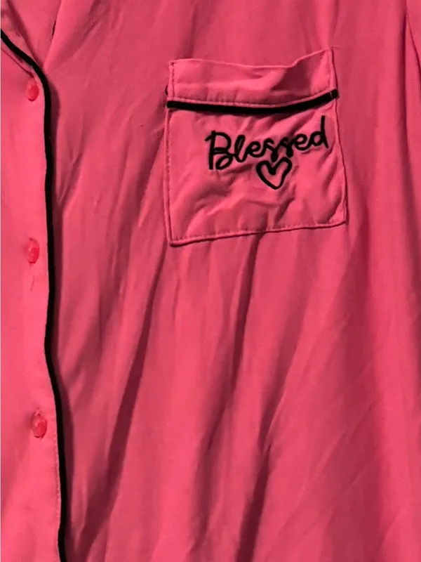Women's Pink Short-Sleeve Button Pajama Set with Pocket Embroidery - Image 7