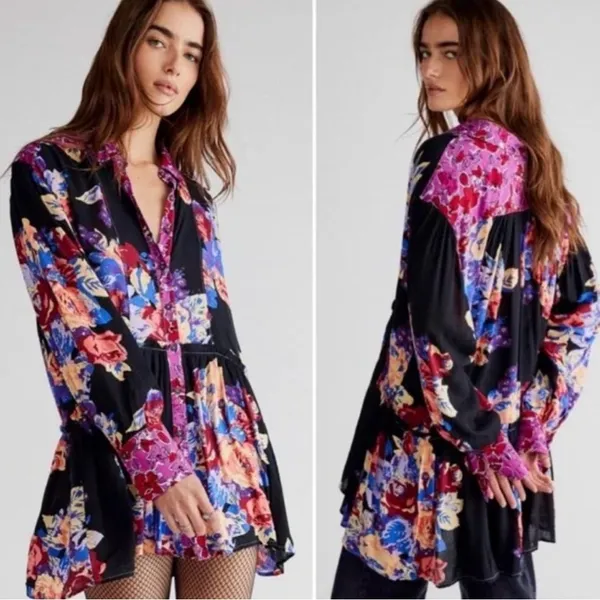 Free People Bunch A Brunch Tunic‎ Top Dress Black Motif Pink Purple Floral Small - Image 2