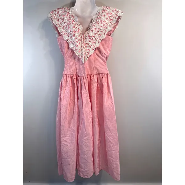 Vintage Alfred Angelo Floral Jacquard Midi Dress Lace Trim‎ Basque Waist 80s XS - Image 6