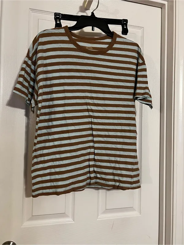 American Eagle Outfitters Brown and Light Blue Striped Short Sleeve Tee - Image 2